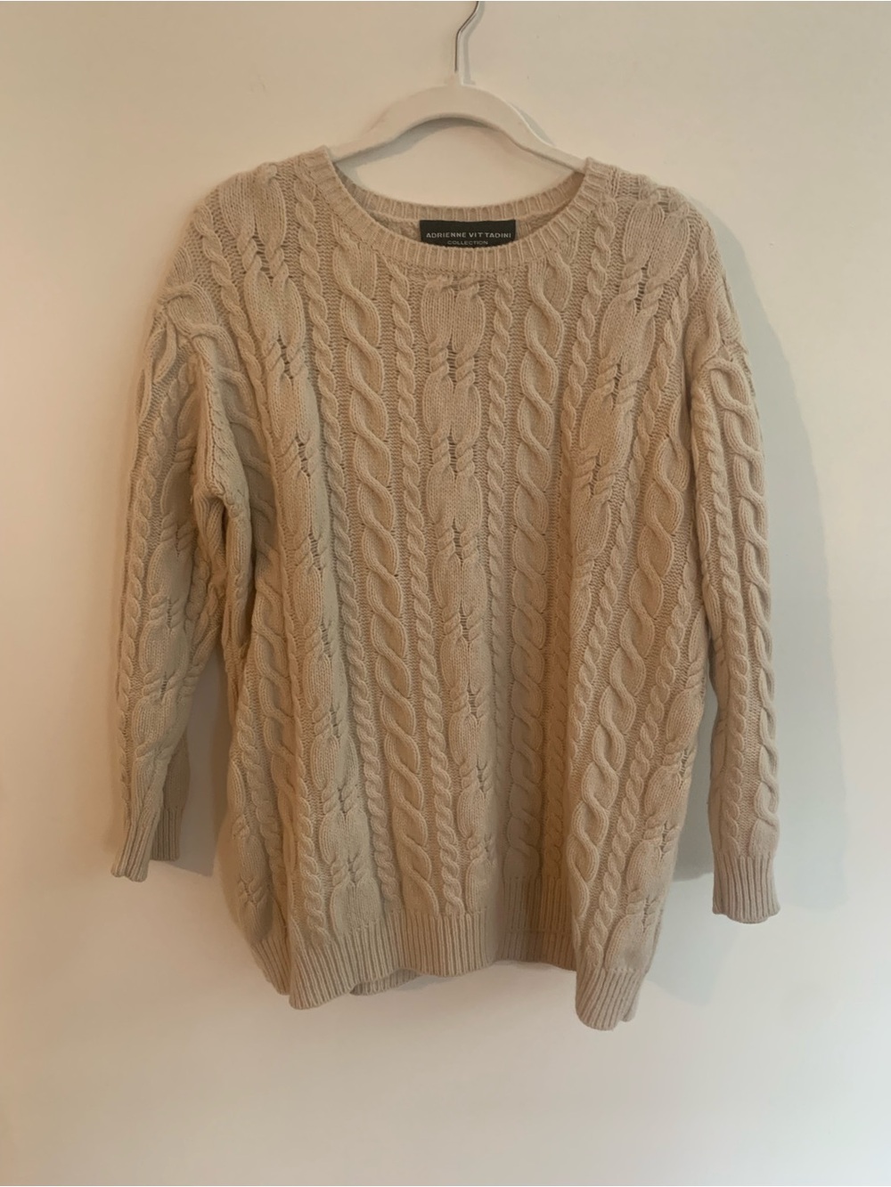 Adrienne Vittadini Beige Cable-Knit Crewneck Sweater